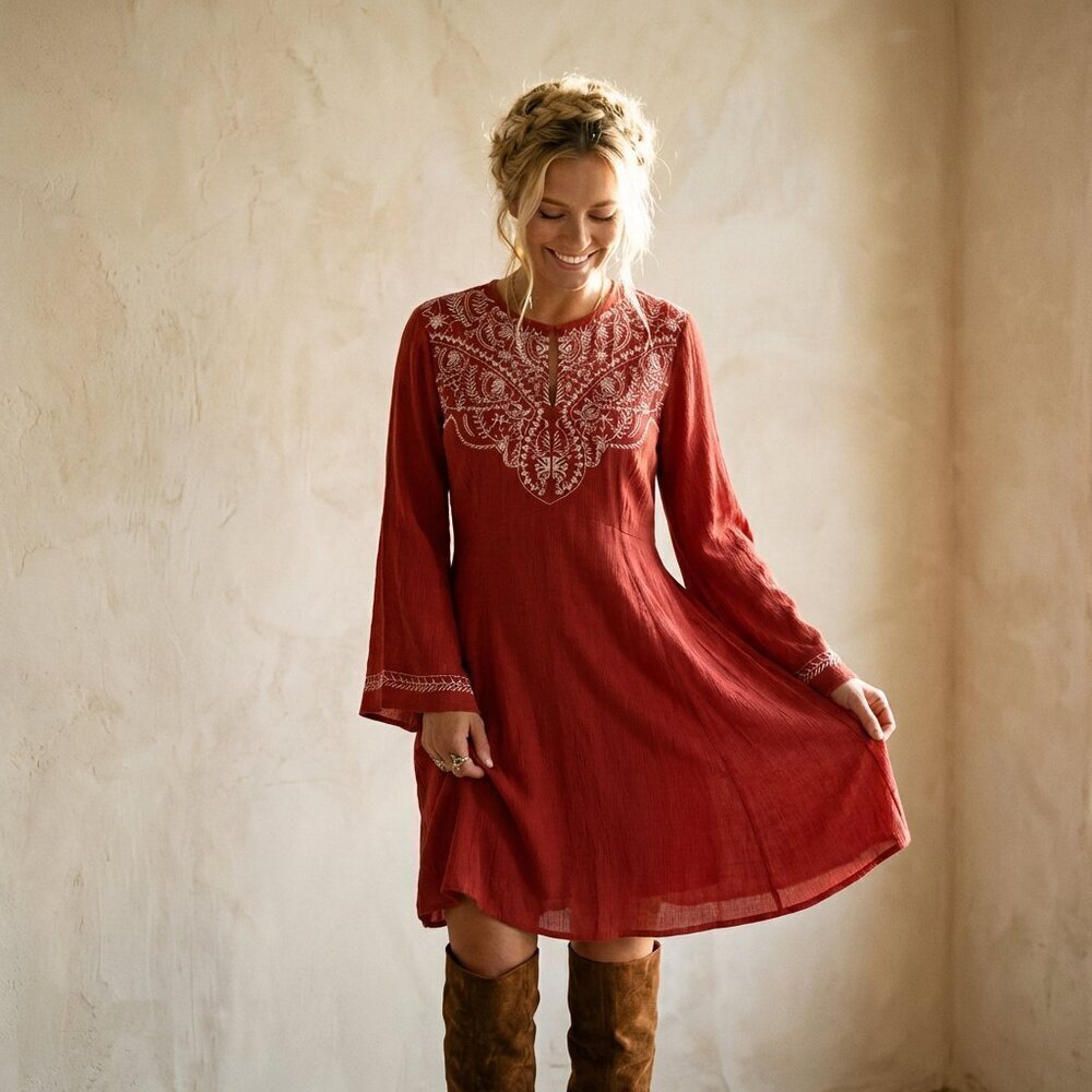 NWT She + Sky Embroidered Boho Mini Dress, Rust / Terracotta Red: Large